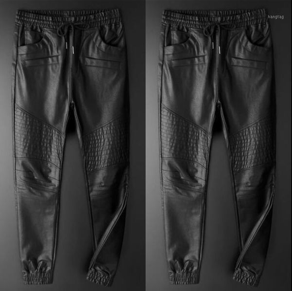 

plus thick velvet faux leather pants mens feet pants loose motorcycle pu trousers for men personality fashionelastic band black1, Black