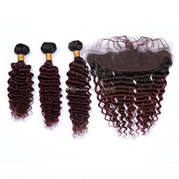

wine red ombre hair extensions with lace frontal two tone 1b 99j burgundy dark root ombre virgin human hair bundles with lace frontal, Black;brown