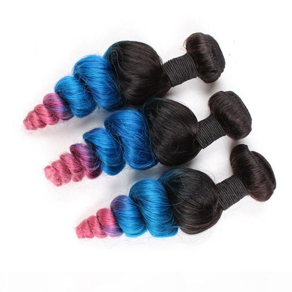 

three tone colored #1b blue pink ombre peruvian human hair weaves 3pcs lot loose wave wavy blue pink ombre virgin hair bundles deals, Black