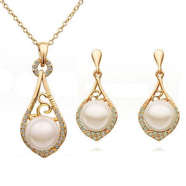 

pearl necklace earrings sets hollow and elegant jewelry set gold wedding crystal rhinestone earrings necklace set g100, Silver