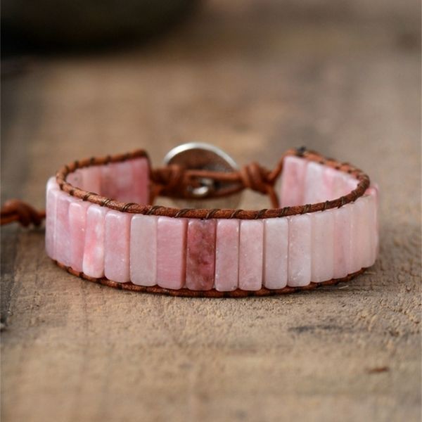 

women bracelet jewelry natural pink opal stone tube beads leather wrap bracelet girlfriend gifts y200107, Golden;silver