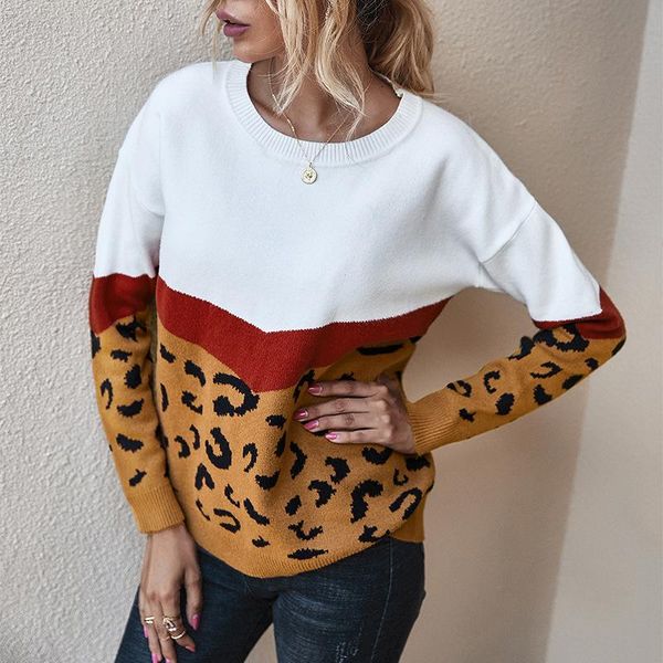 

winter sweater women long sleeve pullover autumn leopard print o neck fashion loose ladies sweaters knitting women 2020, White;black