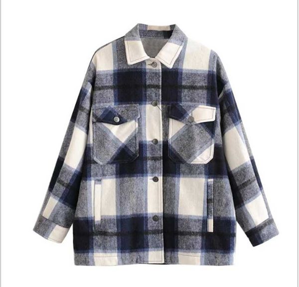 

2021 fashion lapel vintage stylish pockets oversized plaid jacket coat women collar long sleeve loose outerwear chic, Black;brown