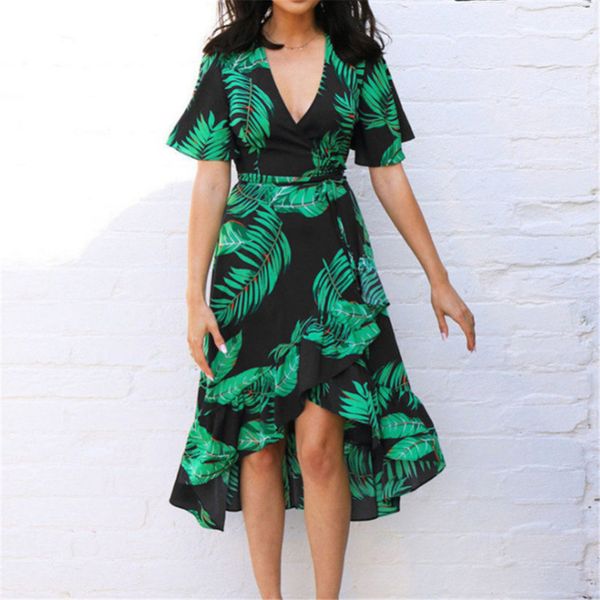 

2021 new summer boho ladies in casual ruffled v-neck wrap dressed a floral beach party 0gq9, Black;gray