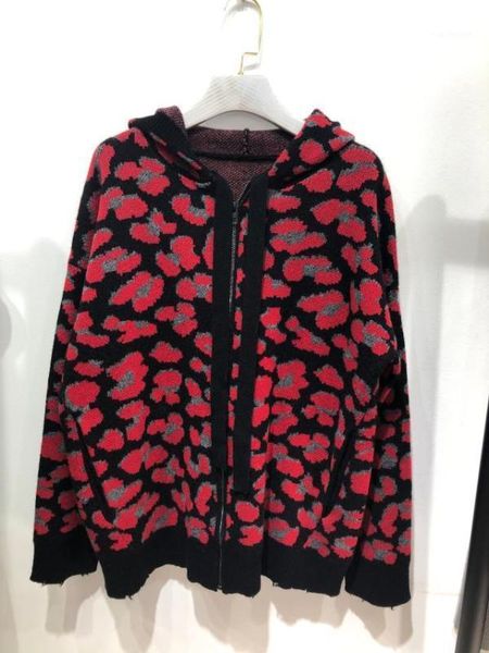 

red black leopard print cashmire knit cardigan hooded drawstring zip up frayed hem fashion knitwear jumper 20201, White