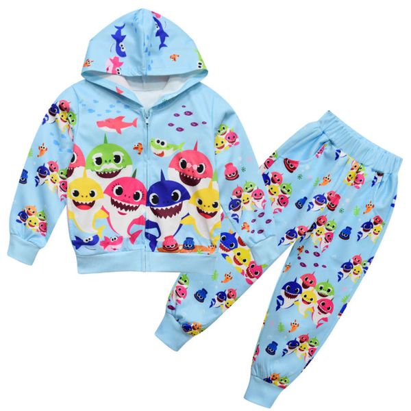 

2019 children's clothing shark print baby autumn winter zipper hooded cardigan coat + pants two piece suit, Black