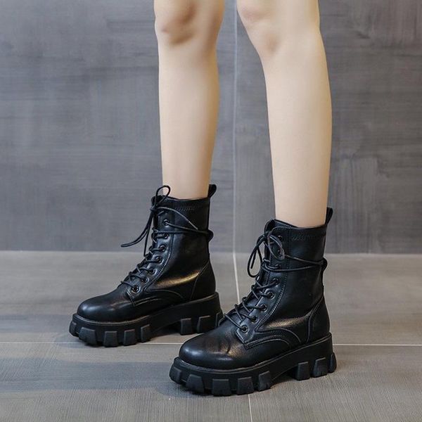 

boots women 2021 autumn winter shoes motorcycle ankle wallet combat for platform artificial leather round toe heel ladies, Black
