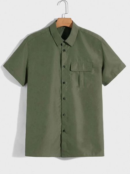 

men solid pocket patched button front shirt w7f7#, White;black