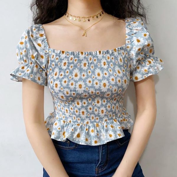 

урожай площади воротник женщины короткие блузы цветочные puff рукавом ruched sexy summer 2020 ladies seexy tops культур, White