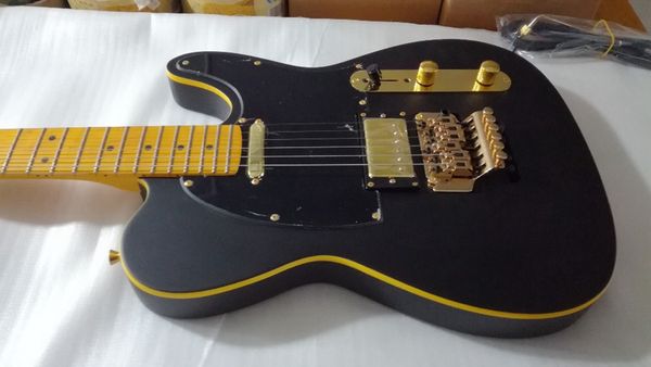 Loja personalizada de guitarra elétrica preta fosca, encadernação amarela, ponte tremolo Floyd Rose, incrustação de pontos, pickguard preto