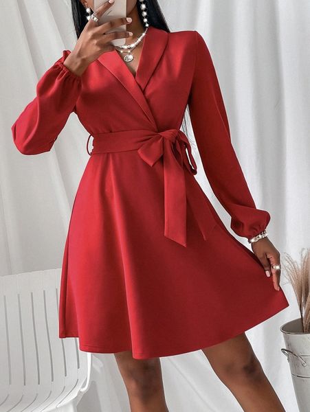 

sxy shawl neck solid belted dress y1ug#, Black;gray