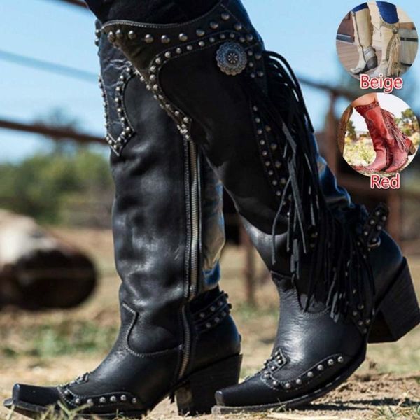 

boots sarairis fashion 2021 ethnic vintage tassled knight woman shoes riveting nail zip ladies female, Black