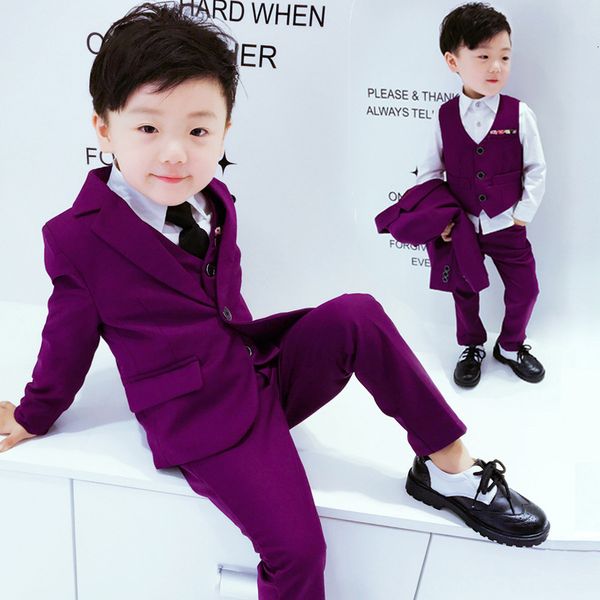 

flower solid purple child blazer suit quality wedding boy dress baby clothing set 4parts tie jacket vest pant, Blue