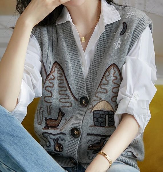 

c0b4h korean heavy industry embroidery knitted waistcoat embroidered needle vest vest open casual loose large sweater cardigan women's, White;black