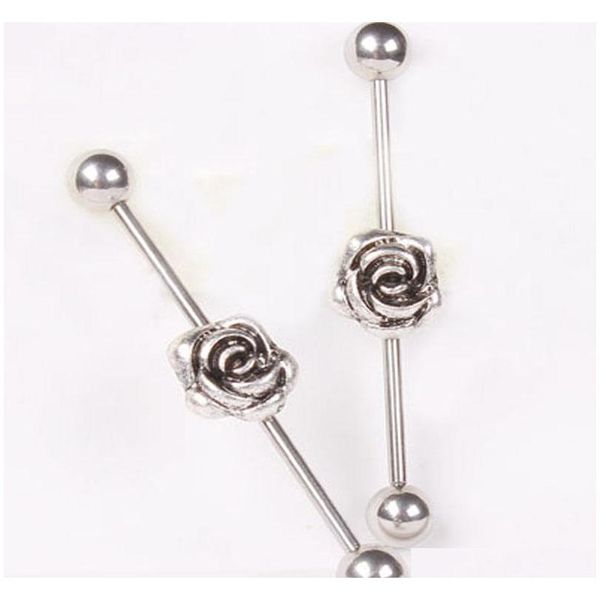 

jk ear piercing 316l stainless steel rose long industrial barbell earring tragus fake ear stud body chain ear jewelry e4nze, Silver