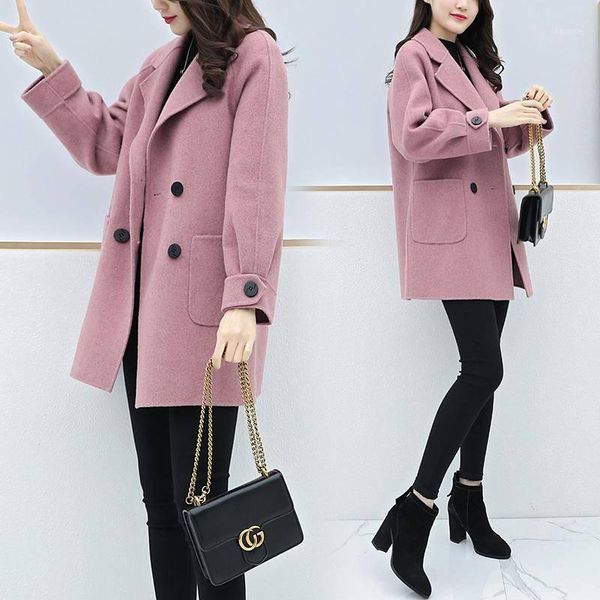 

women solid woolen coat loose fashion autumn winter jacket1, Black