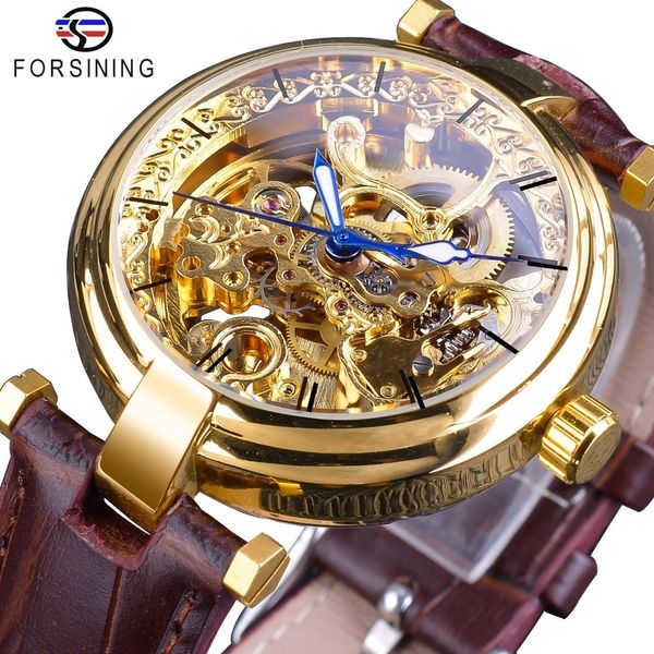 

forsining golden watches fashion blue hands mens automatic self-wind watches brand brown genuine leather luminous hands j190706, Slivery;brown