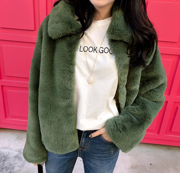 

korean style green women faux fur coat fashion lapel collar long sleeve autumn winter coat women plus size warm solid outwear, Black