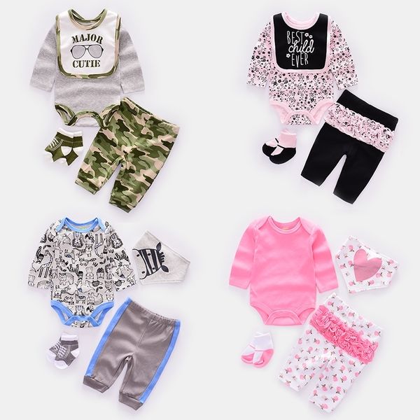 

new baby clothing sets cotton boys clothes suits newborn girl suit 4pcs long sleeve rompers+pants+socks+cap kids 5 styles y200323, White