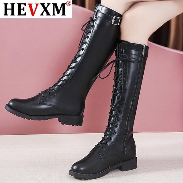 

boots fashion belt buckle strap long winter lace-up shoes women pure color high-heeled knee-high tube zipper, Black