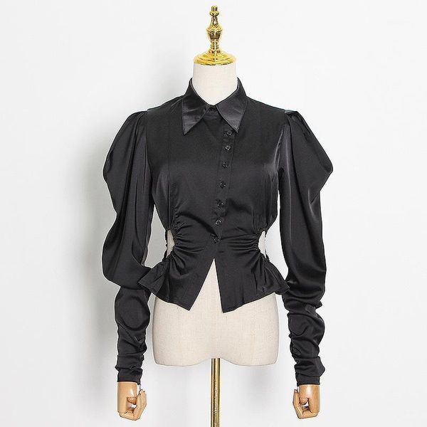 

graceful women solid shirts chic design lady's vintage turn-down collar puffy sleeve single-breasted hollow out dew waist 1, White