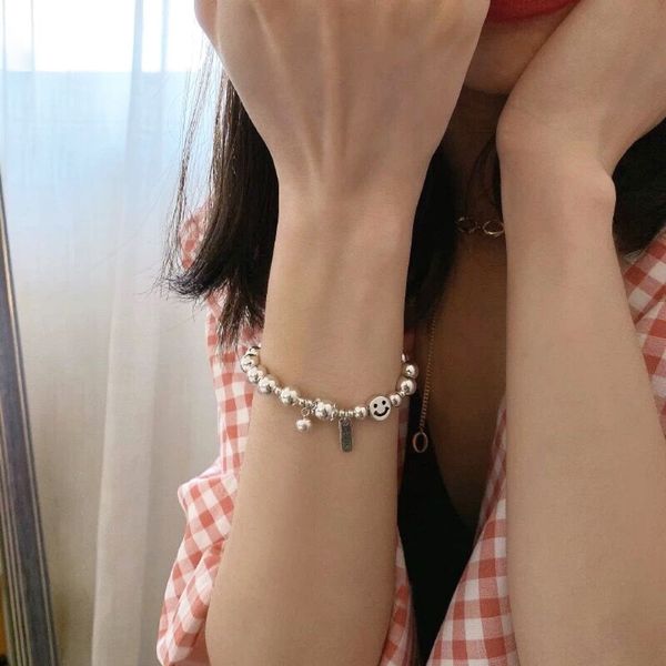 

89spu korean ins minority nationality bracelet face rice beads s925 sterling smiling design ethnic group silver braceletsimple cool and styl, Golden;silver
