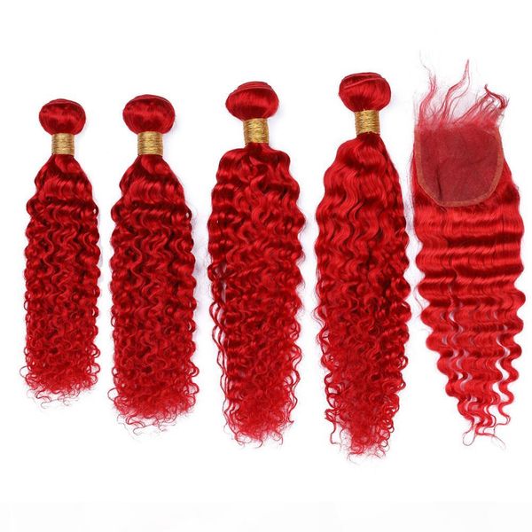 

indian human hair bright red deep wave 4bundles with closure pure red hair bundles with closure red lace front closure 4x4 with weaves, Black;brown