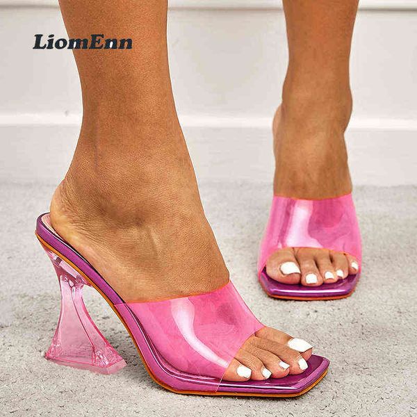 

slippers women s clear high heels summer pvc transparent sandals green pink strange square toe party shoes 220308, Black