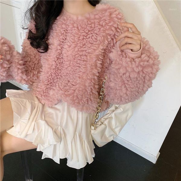 

lucyever kawaii furry pink sweatshirt women 2021 new korean style lazy plush pullovers woman casual loose womens winter 1, Black