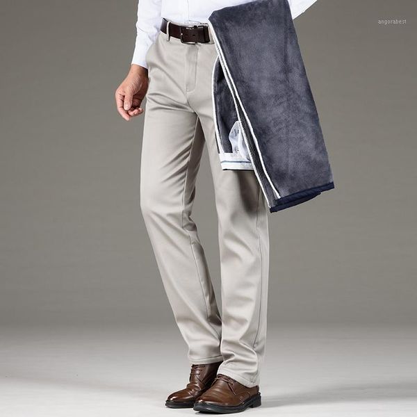 

shan bao super warm fleece thick men's straight slim casual pants luxury classic embroidered business pants 28-421, Black