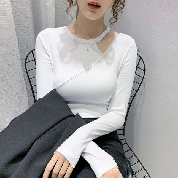 

hollowed outshoulder slim fit long sleeve coat t-shirt t-shirt for women 2020 new autumn slim bottoming dy6002yx 1uncv, White