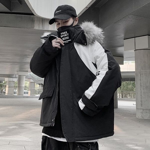 

men's down & parkas overalls cotton-padded jacket for men winter korean version of the trend matching color thick collar, Black