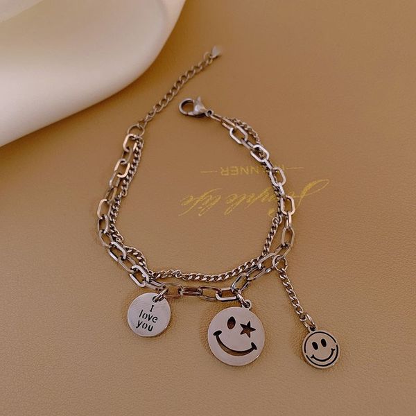 

japanese and korean version of multi-layer round brand smiling face bracelet women ins minority design cool style bracelet nationality ethni, Golden;silver