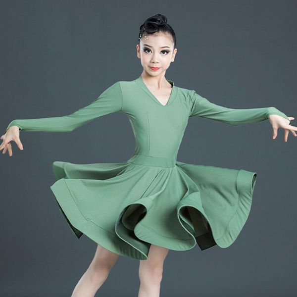 

latin dance dress kid v-neck with long sleeves girls practice clothes rumba cha cha samba salsa dancing performance wear dn5292, Black;red