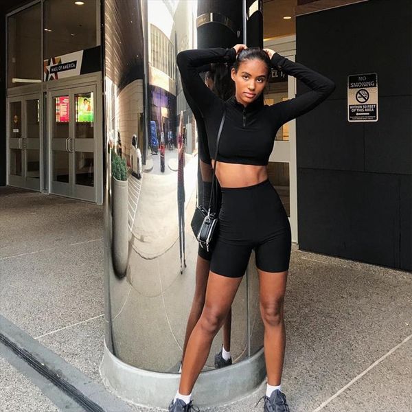 

high sleeve zipper long neck elastic crop shorts 2 pieces summer autumn women fashion casual sports sets, Gray