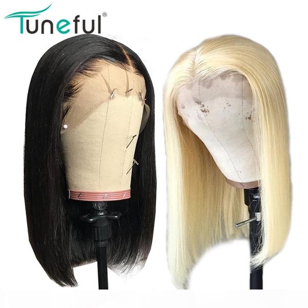 

613 blonde and 1b natural black bob wigs lace frontal remy human hair wigs short bleached knots glueless bob wigs, Black;brown