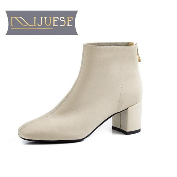 

mljuese 2021 women ankle boots cow leather winter short plush square toe zipper high heels female boots size 40, Black