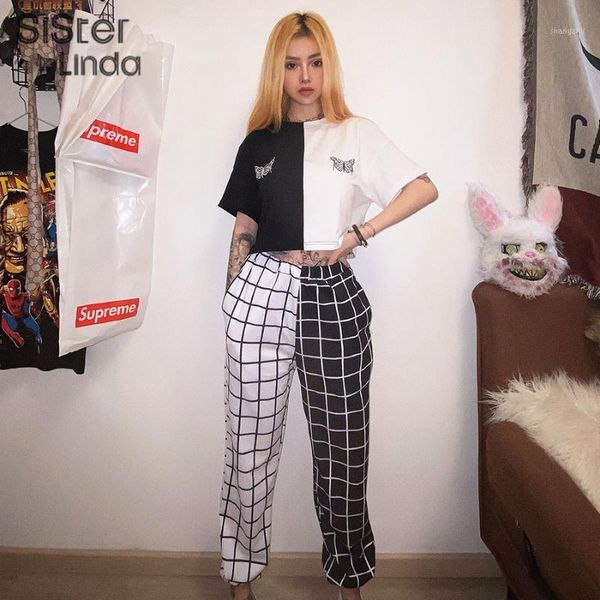 

sisterlinda stitching contrast cargo pants women loose hight waist plaid trousers elasticity sportpants mujer sweatpants women1, Black;white