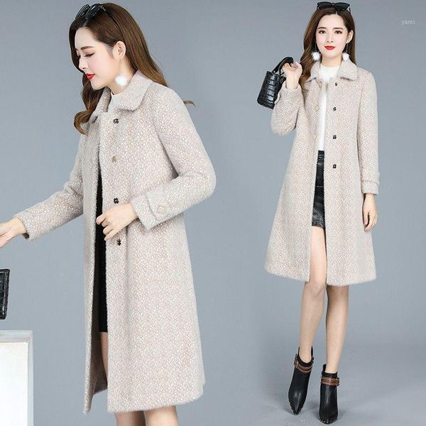 

faux ferret velvet thick woolen coat women's mid-length autumn and winter new style loose and thin woolen coat women1, Black