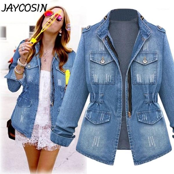 

jaycosin plus size women denim coat lapel retro cowboy zipper pockets waist jacket loose female long jeans jacket outwear coats1, Black;brown