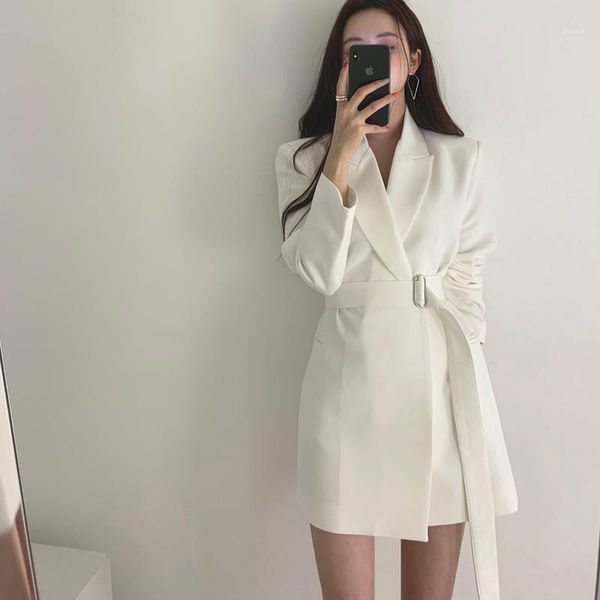 

women's suits & blazers vintage white lace up women blazer notch-neck loose jacket elegant outerwear 2021 autumn full sleeve female jac, White;black