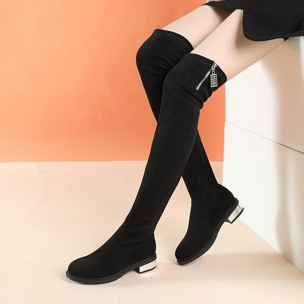 

fall winter 2020 plush knee boots children's flat bottom side zipper casual korean high boots women's one legged long fashion, Black