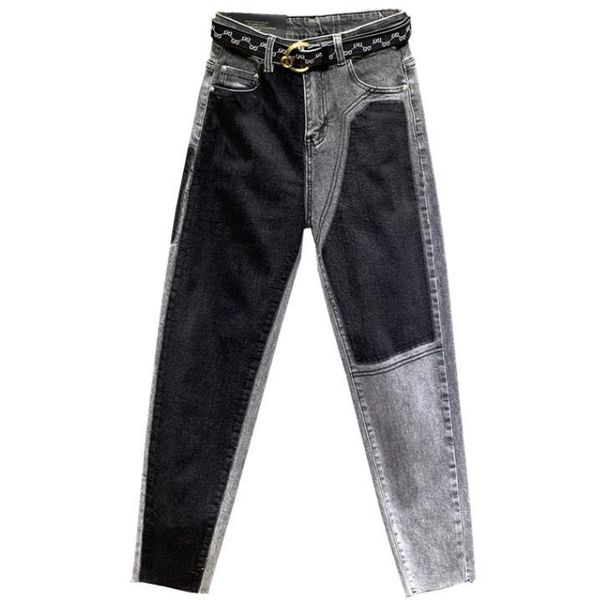 

smoke gray ab face jeans women 2020 new high waist loose stitching hit color straight jeans plus size, Blue