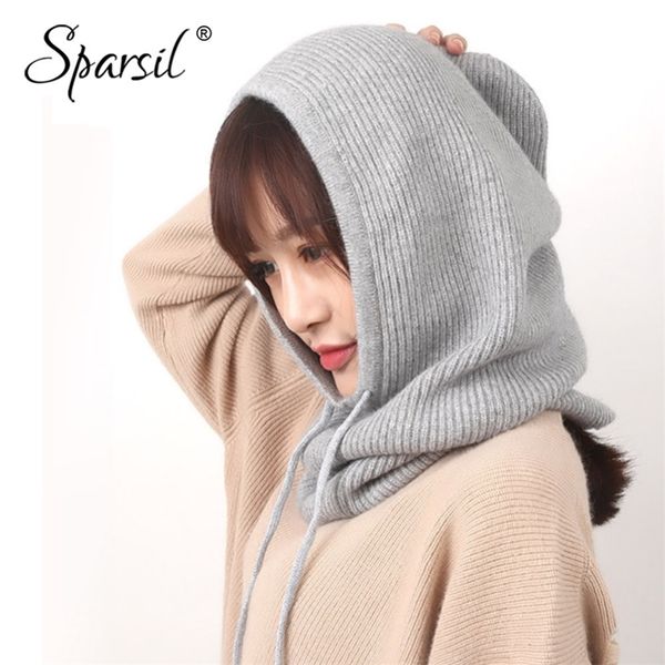 

sparsil winter cashmere knitted hooded collar removeable elastic hat men&women warm thick wool neck wrap drawstring caps t200715, Blue;gray