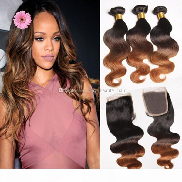 

ombre brazilian virgin hair with closure 4pcs lot three tone 1b 4 30 brown ombre body wave human hair with 4x4 lace closure, Black