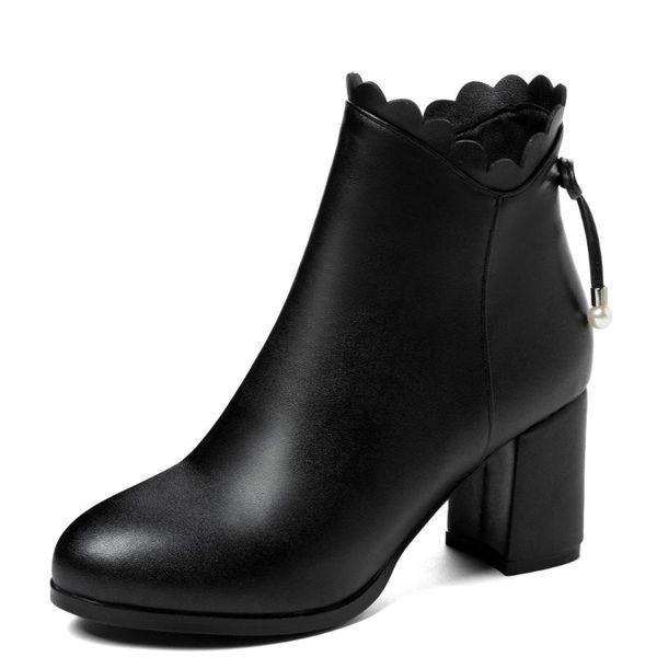 

boots round toe thick heel apricot business office women's wavy bow tie side zipper pu ankle pearl ruffled short, Black