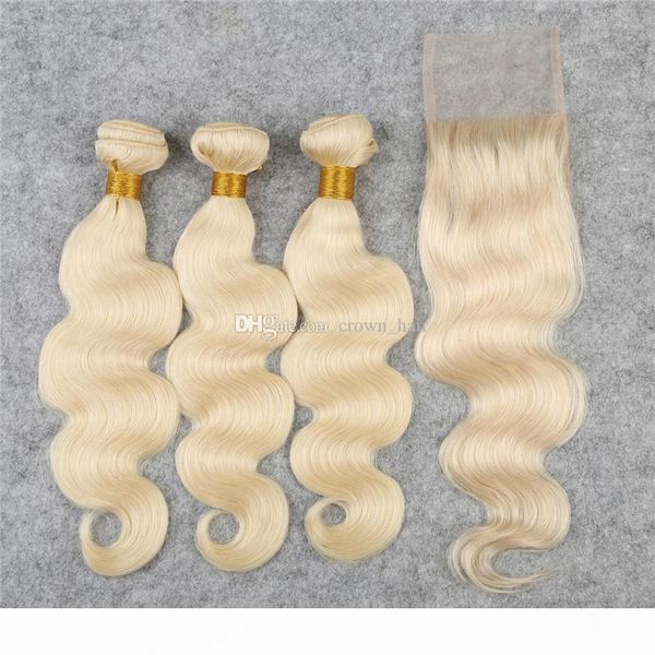 

light blonde 613 lace closure with bundles 4pcs lot #613 body wave hair bundles with closure middle three part ing, Black