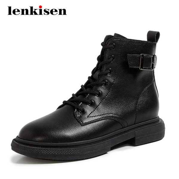 

boots lenkisen arrival motorcycle buckle decorations fashion round toe thick med heel zipper neutral coolest ankle l25, Black
