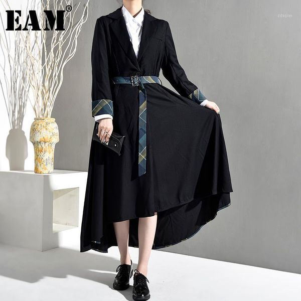 

[eam] women blue pattern long asymmetrical trench new lapel long sleeve loose fit windbreaker fashion tide spring 2020 jo5521, Tan;black
