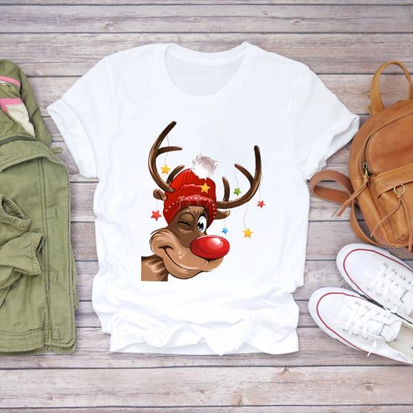 

women t shirts cartoon funny deer animal happy christmas gift snow print lady womens graphic t shirt female tee shirt, White